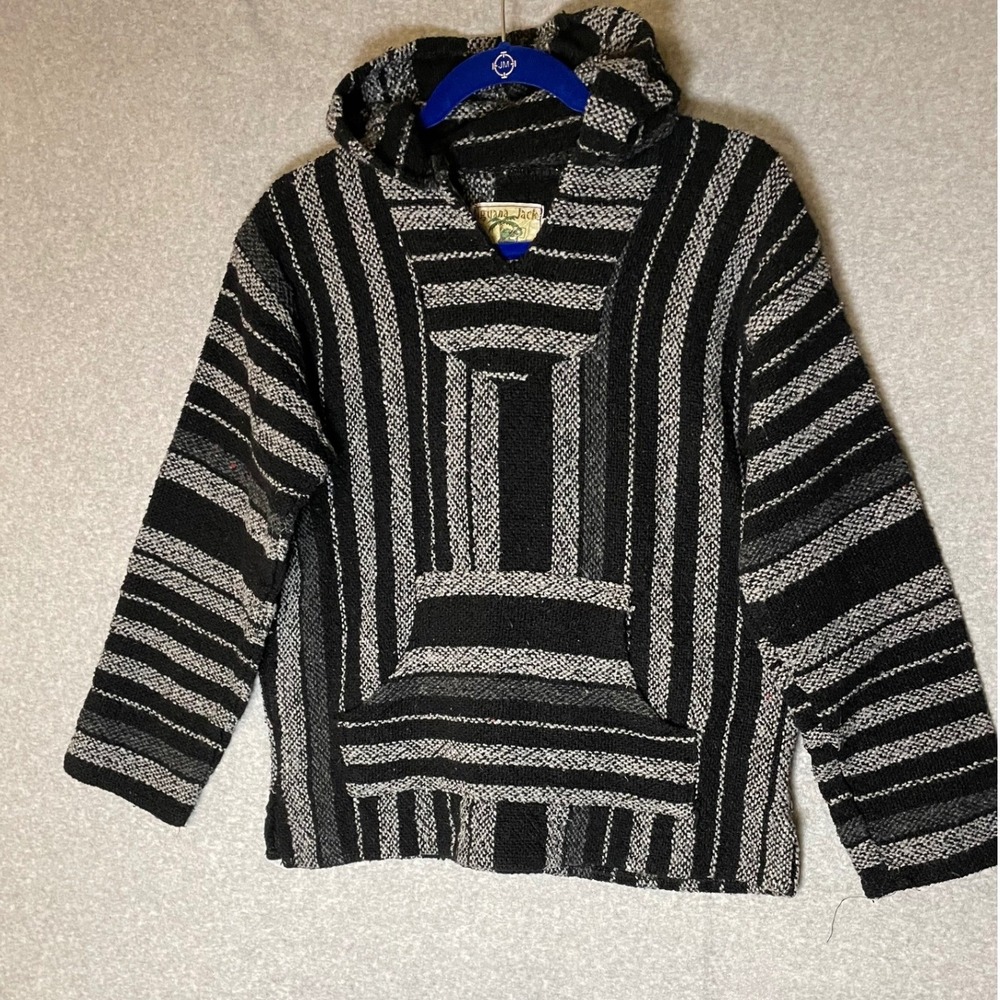 Iguana Jack Mens Baja Hoodie Black Gray Striped Pullover Hooded‎ Sweatshirt M